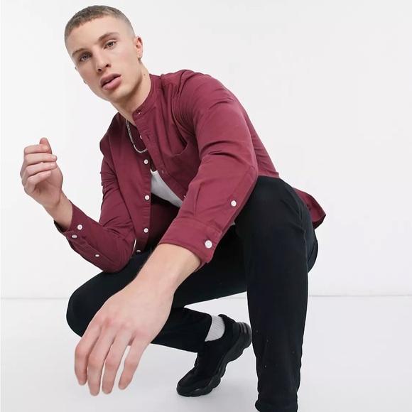 Button down skinny fit shirt with grandad collar in burgundy - Picture 3 of 4